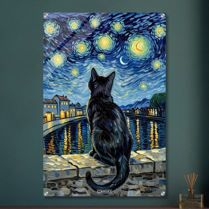 Schwarze Katze bei hellem Sternenhimmel im Stil von Vincent van Gogh auf einem Acrylbild