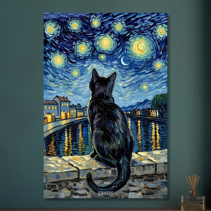 Schwarze Katze bei hellem Sternenhimmel im Stil von Vincent van Gogh auf Aluminium