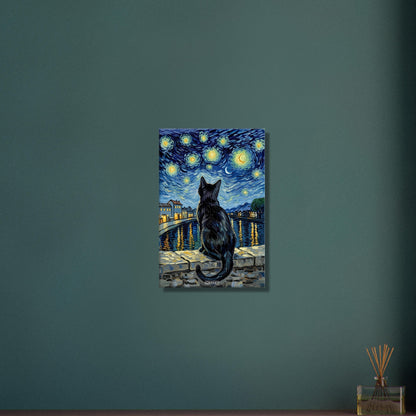 Schwarze Katze bei hellem Sternenhimmel im Stil von Vincent van Gogh auf einer Leinwand