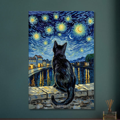 Schwarze Katze bei hellem Sternenhimmel im Stil von Vincent van Gogh auf einer Leinwand