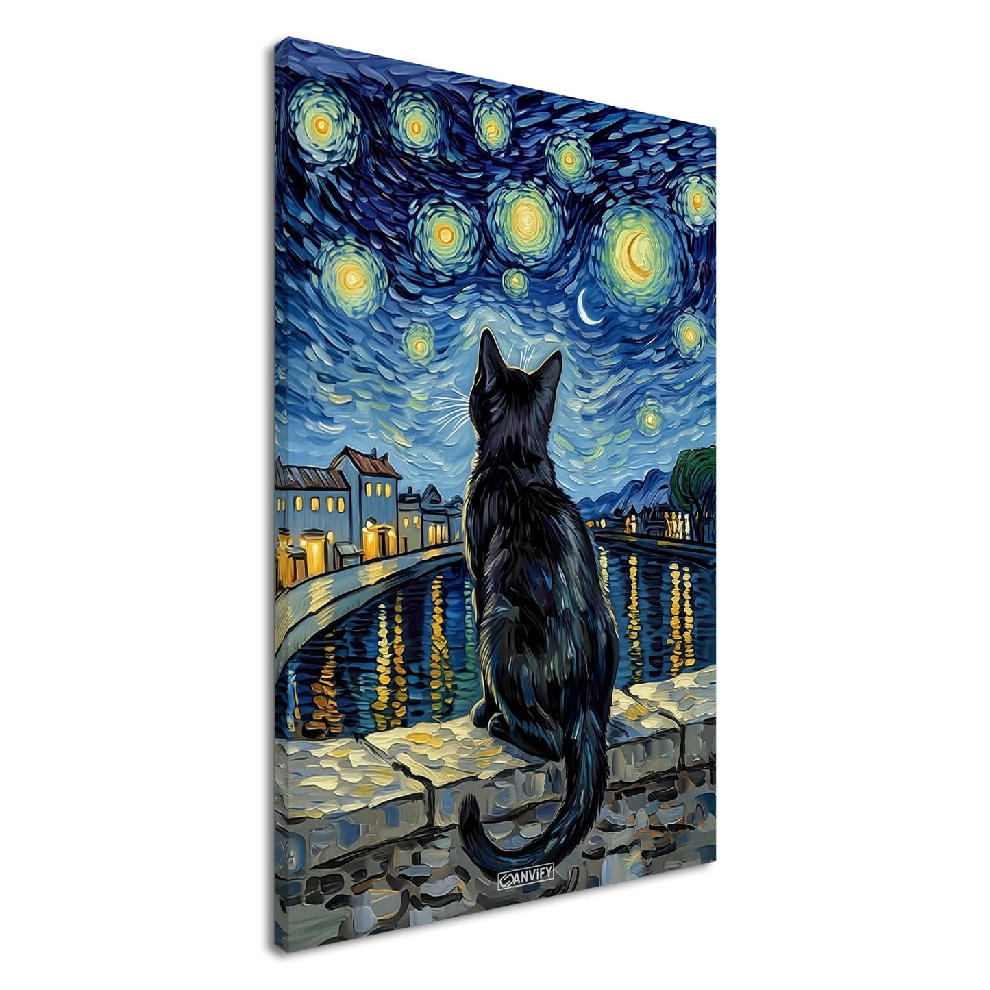 Schwarze Katze bei hellem Sternenhimmel im Stil von Vincent van Gogh auf einer Leinwand