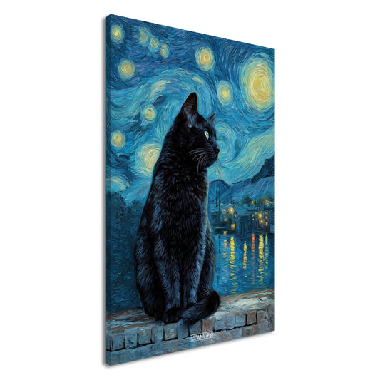 Schwarze Katze unter hellem Sternenhimmel im Stil von Vincent van Gogh auf einer Leinwand