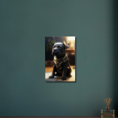 Schwarzer Labrador im Superhelden Kostüm von Black Adam auf einer Leinwand