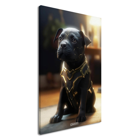 Schwarzer Labrador im Superhelden Kostüm von Black Adam auf einer Leinwand