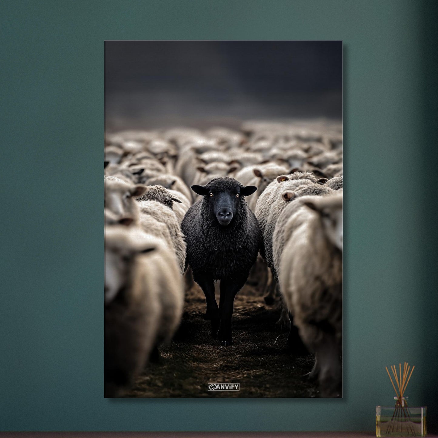 Schwarzes Schaf unter den weißen Schafen auf einer Leinwand