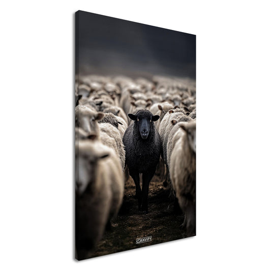 Schwarzes Schaf unter den weißen Schafen auf einer Leinwand