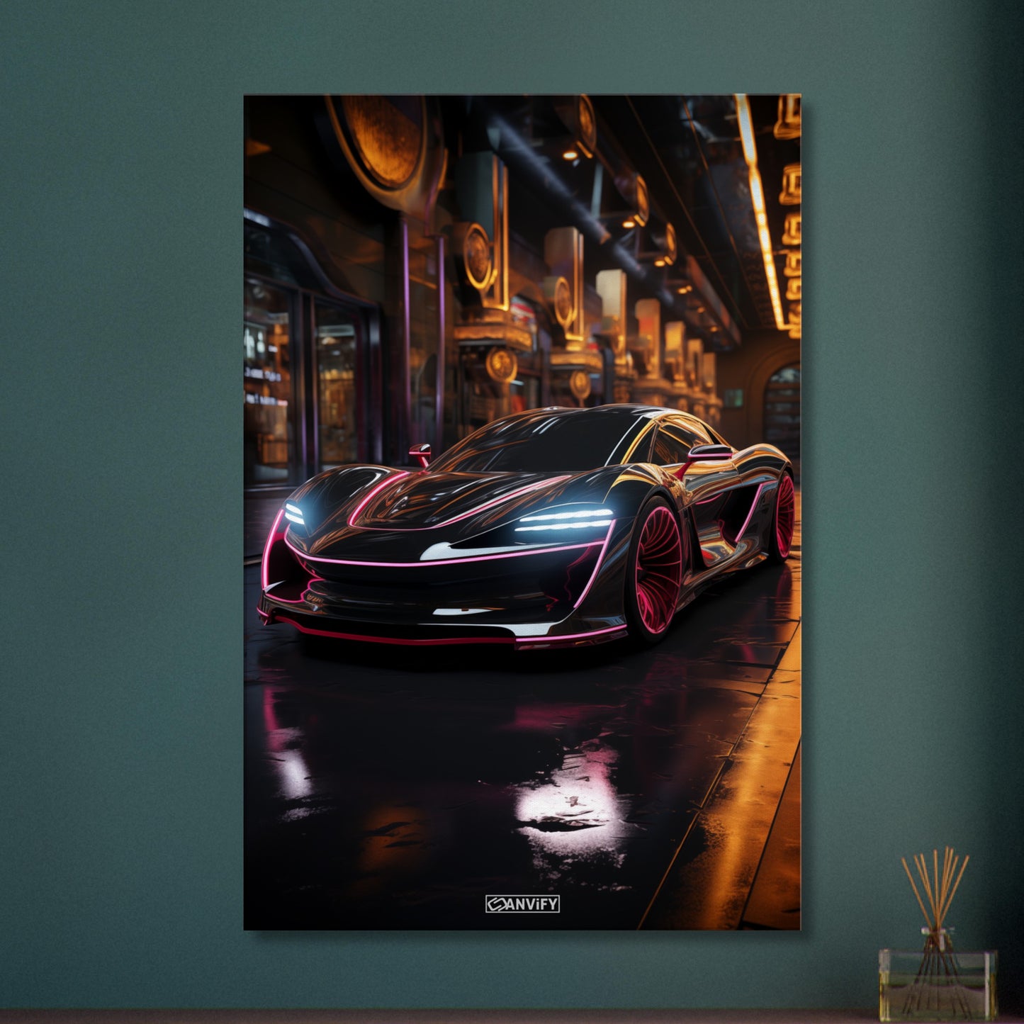 McLaren Senna in schwarzer Farbe mit pinken Akzenten auf einer Leinwand
