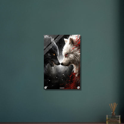 Schwarzer und Weißer Wolf gemalt und knurren sich gegenseitig an auf einem Acrylbild