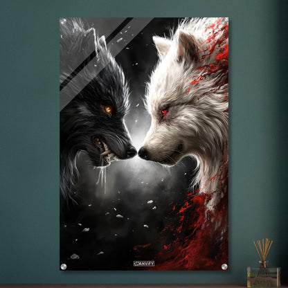 Schwarzer und Weißer Wolf gemalt und knurren sich gegenseitig an auf einem Acrylbild
