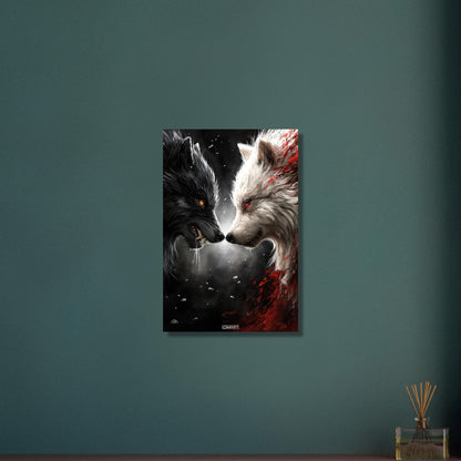 Schwarzer und Weißer Wolf gemalt und knurren sich gegenseitig an auf Aluminium