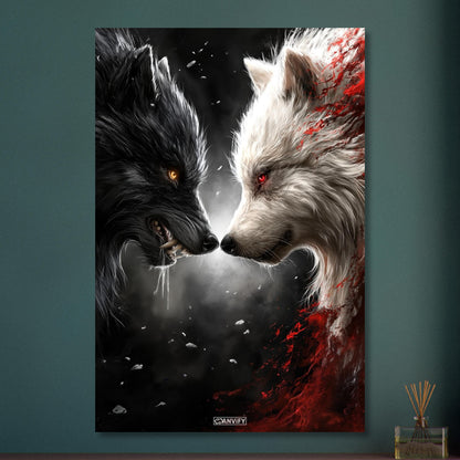 Schwarzer und Weißer Wolf gemalt und knurren sich gegenseitig an auf Aluminium