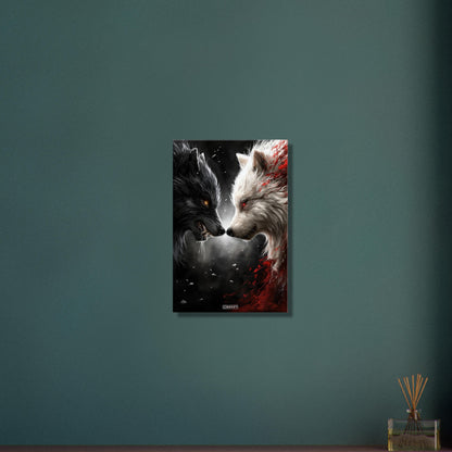 Schwarzer und Weißer Wolf gemalt und knurren sich gegenseitig an auf einer Leinwand
