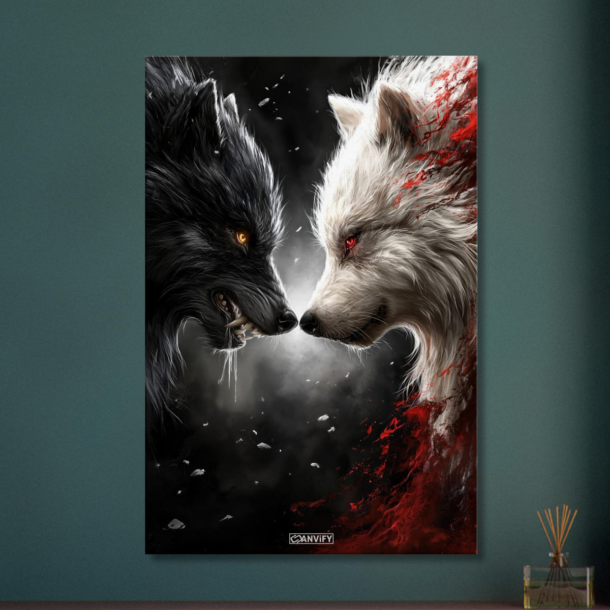 Schwarzer und Weißer Wolf gemalt und knurren sich gegenseitig an auf einer Leinwand