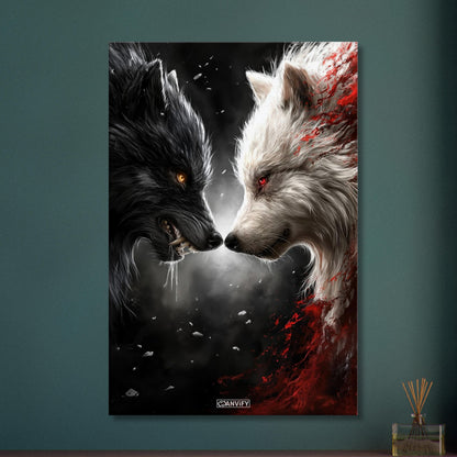 Schwarzer und Weißer Wolf gemalt und knurren sich gegenseitig an auf einer Leinwand