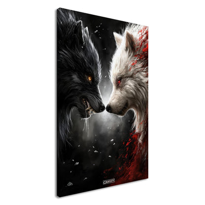 Schwarzer und Weißer Wolf gemalt und knurren sich gegenseitig an auf einer Leinwand
