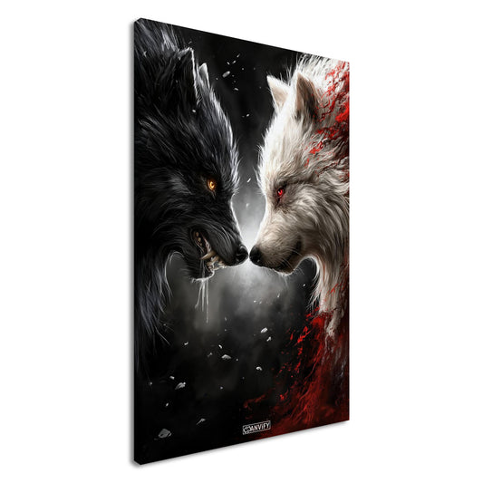Schwarzer und Weißer Wolf gemalt und knurren sich gegenseitig an auf einer Leinwand