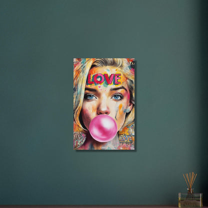 Cameron Diaz aus Verrückt nach Mary mit einem Kaugummi im Mund im Pop Art Stil auf Aluminium