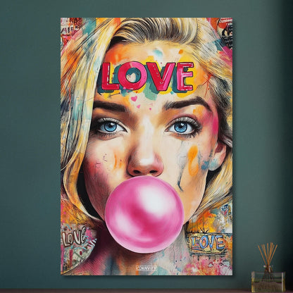 Cameron Diaz aus Verrückt nach Mary mit einem Kaugummi im Mund im Pop Art Stil auf Aluminium
