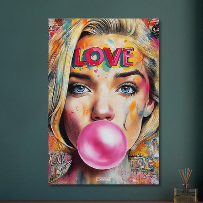 Cameron Diaz aus Verrückt nach Mary mit einem Kaugummi im Mund im Pop Art Stil auf einer Leinwand