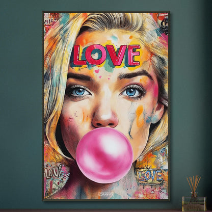 Cameron Diaz aus Verrückt nach Mary mit einem Kaugummi im Mund im Pop Art Stil auf einem Poster im Metallrahmen