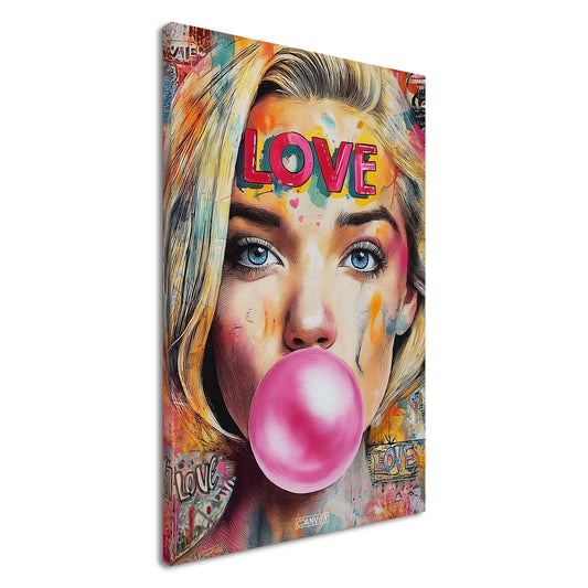 Cameron Diaz aus Verrückt nach Mary mit einem Kaugummi im Mund im Pop Art Stil auf einer Leinwand