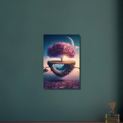 Kirschblütenbaum mit einem Mond schwebend über einer Blumenwiese auf Aluminium