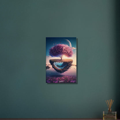 Kirschblütenbaum mit einem Mond schwebend über einer Blumenwiese auf einer Leinwand