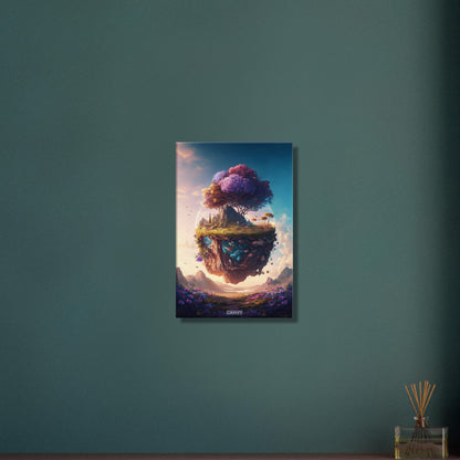 Bunter Kirschblütenbaum schwebend über einer Blumenwiese und mit einem Mond im Hintergrund auf einer Leinwand