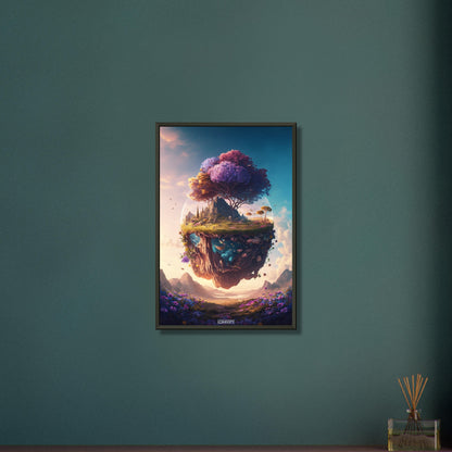 Bunter Kirschblütenbaum schwebend über einer Blumenwiese und mit einem Mond im Hintergrund auf einem Poster im Metallrahmen