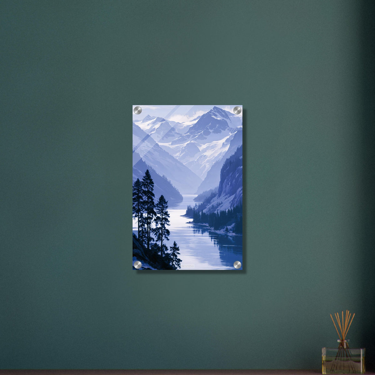 Landschaft mit blauem Berg und blauem Bergsee und Schnee als Ölgemälde auf einem Acrylbild