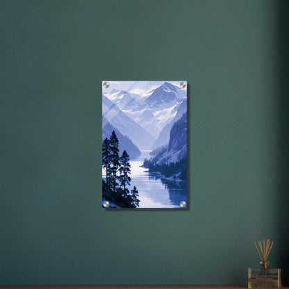 Landschaft mit blauem Berg und blauem Bergsee und Schnee als Ölgemälde auf einem Acrylbild