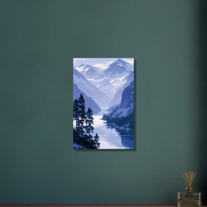 Landschaft mit blauem Berg und blauem Bergsee und Schnee als Ölgemälde auf Aluminium