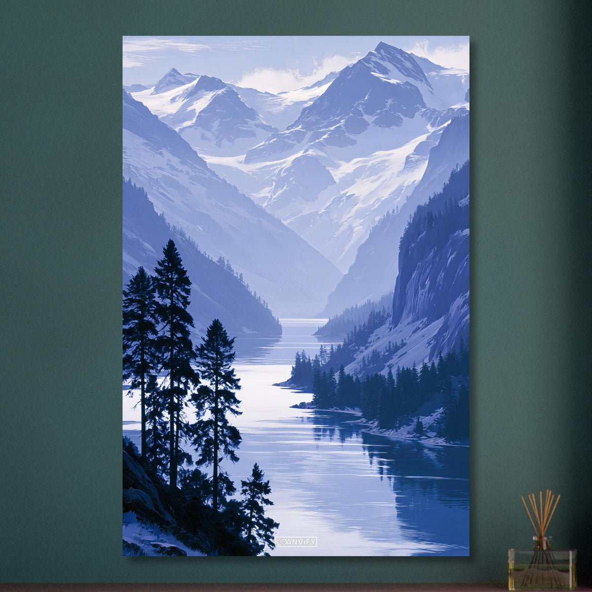 Landschaft mit blauem Berg und blauem Bergsee und Schnee als Ölgemälde auf Aluminium