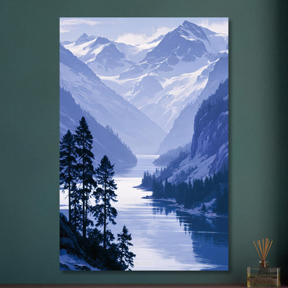 Landschaft mit blauem Berg und blauem Bergsee und Schnee als Ölgemälde auf Aluminium