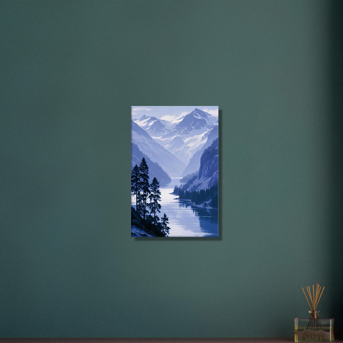 Landschaft mit blauem Berg und blauem Bergsee und Schnee als Ölgemälde auf einer Leinwand