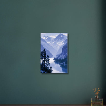 Landschaft mit blauem Berg und blauem Bergsee und Schnee als Ölgemälde auf einer Leinwand