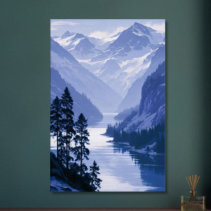 Landschaft mit blauem Berg und blauem Bergsee und Schnee als Ölgemälde auf einer Leinwand