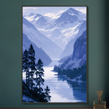Landschaft mit blauem Berg und blauem Bergsee und Schnee als Ölgemälde auf einem Poster im Metallrahmen