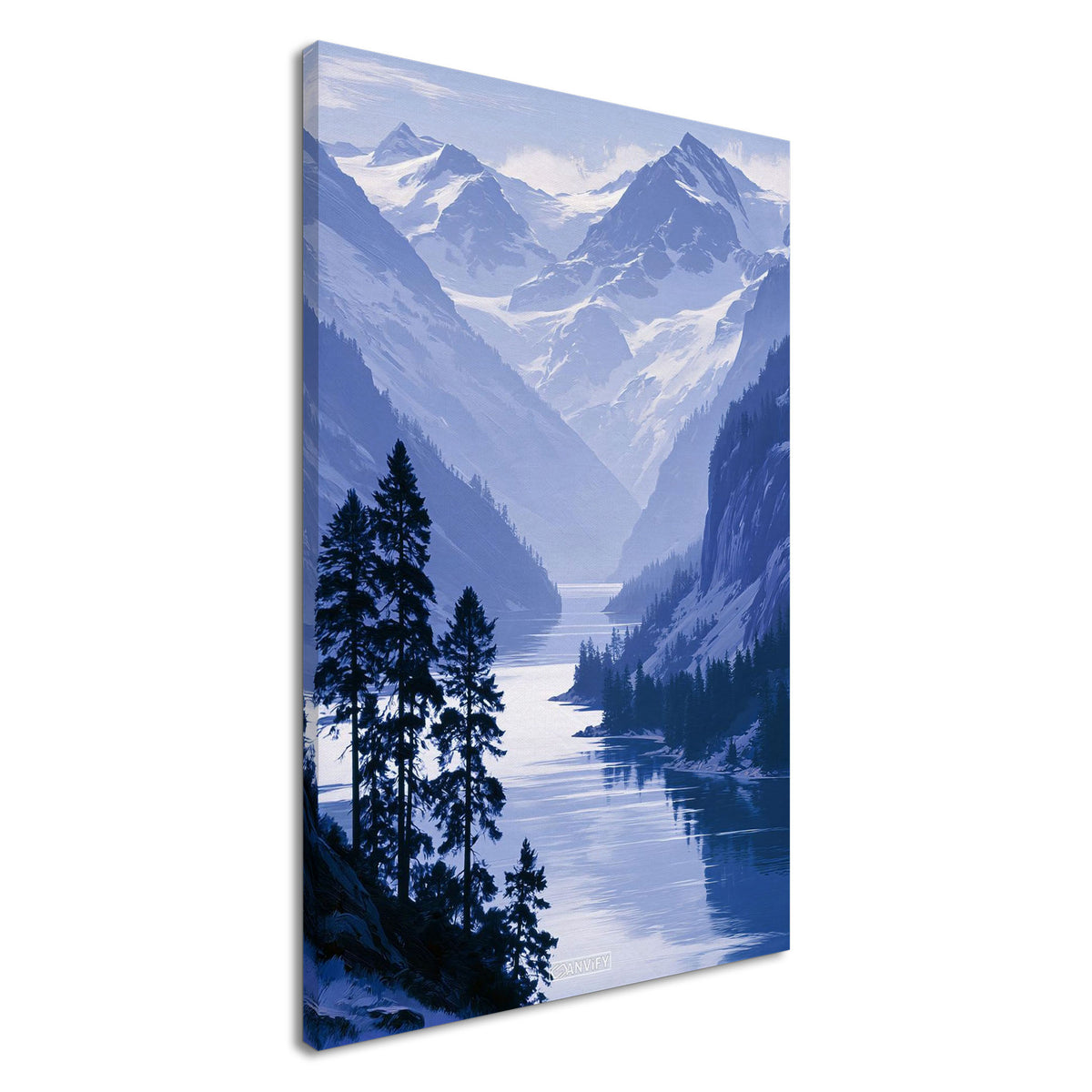 Landschaft mit blauem Berg und blauem Bergsee und Schnee als Ölgemälde auf einer Leinwand