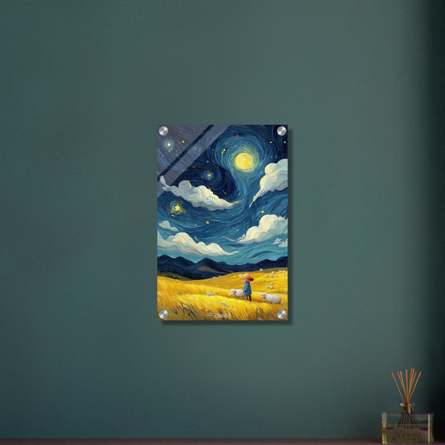 Gemälde von einem Kind und Hausschafen im Stil von Vincent van Gogh auf einem Acrylbild