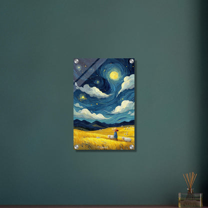 Gemälde von einem Kind und Hausschafen im Stil von Vincent van Gogh auf einem Acrylbild