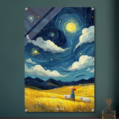 Gemälde von einem Kind und Hausschafen im Stil von Vincent van Gogh auf einem Acrylbild