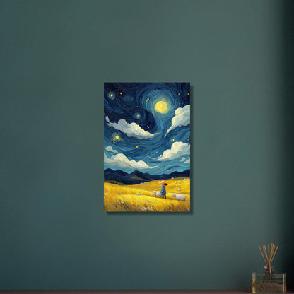 Gemälde von einem Kind und Hausschafen im Stil von Vincent van Gogh auf Aluminium