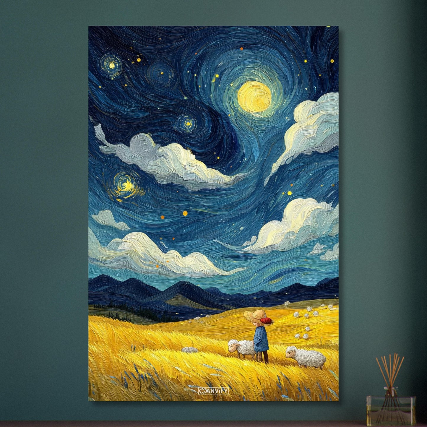 Gemälde von einem Kind und Hausschafen im Stil von Vincent van Gogh auf Aluminium