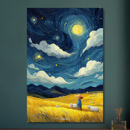 Gemälde von einem Kind und Hausschafen im Stil von Vincent van Gogh auf Aluminium