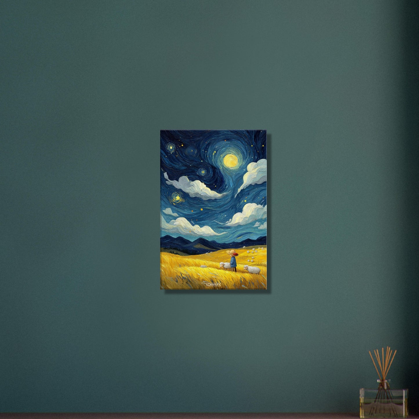 Gemälde von einem Kind und Hausschafen im Stil von Vincent van Gogh auf einer Leinwand