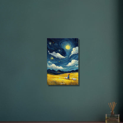Gemälde von einem Kind und Hausschafen im Stil von Vincent van Gogh auf einer Leinwand