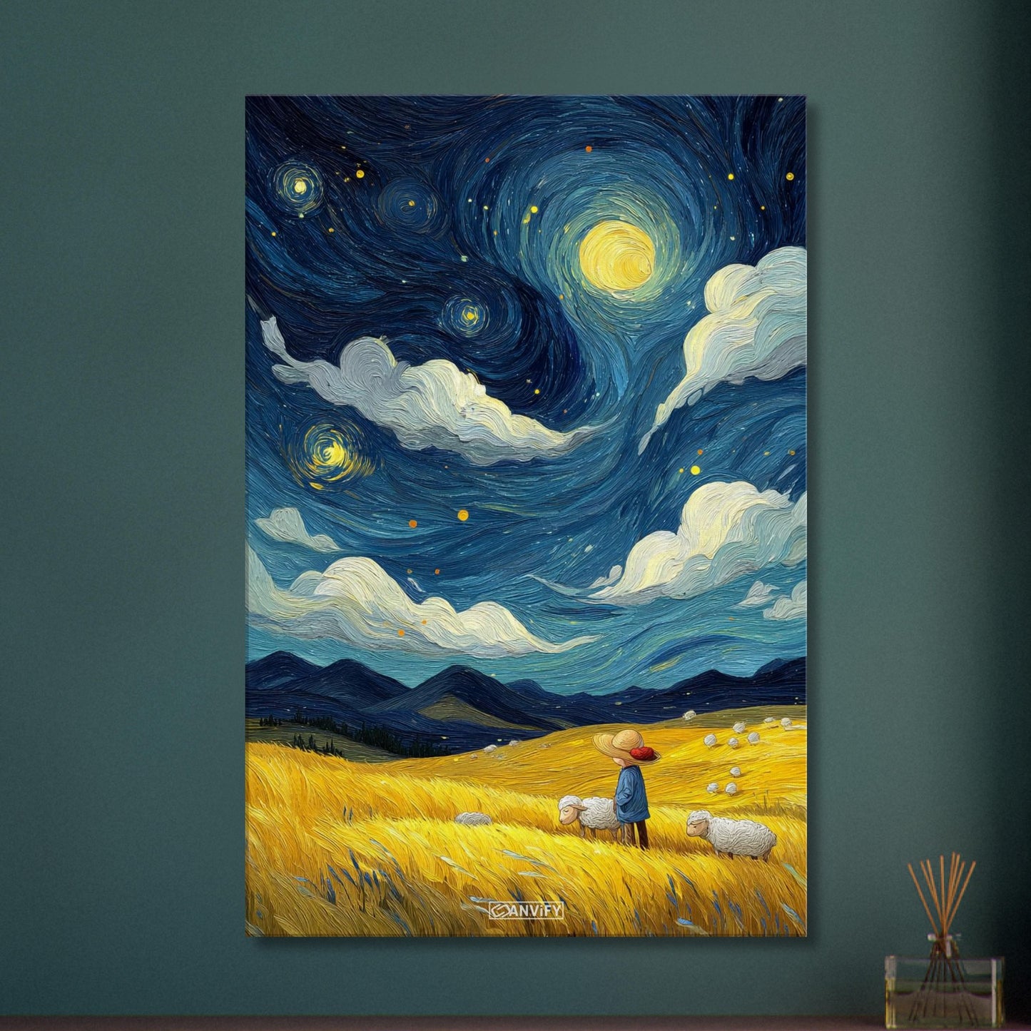 Gemälde von einem Kind und Hausschafen im Stil von Vincent van Gogh auf einer Leinwand