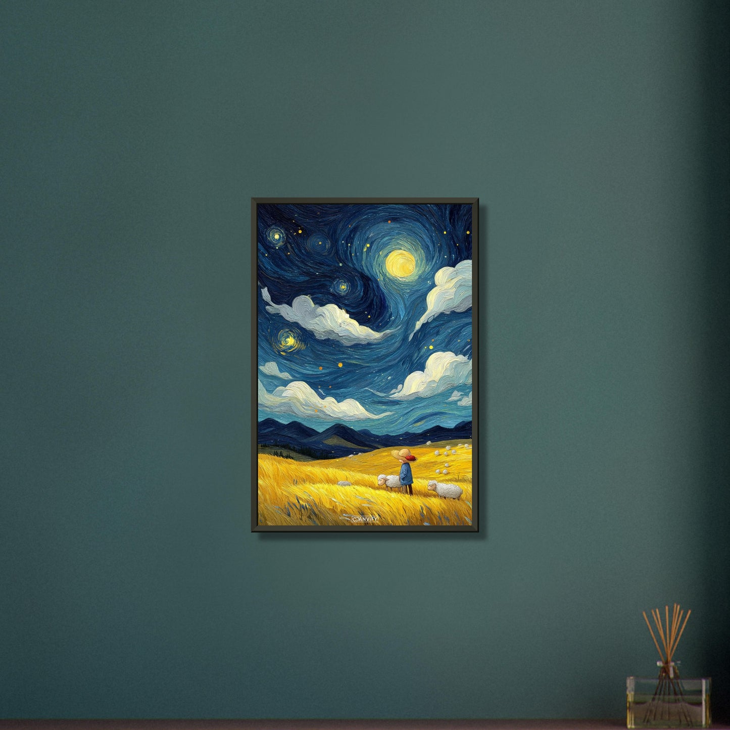 Gemälde von einem Kind und Hausschafen im Stil von Vincent van Gogh auf einem Poster im Metallrahmen