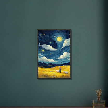 Gemälde von einem Kind und Hausschafen im Stil von Vincent van Gogh auf einem Poster im Metallrahmen